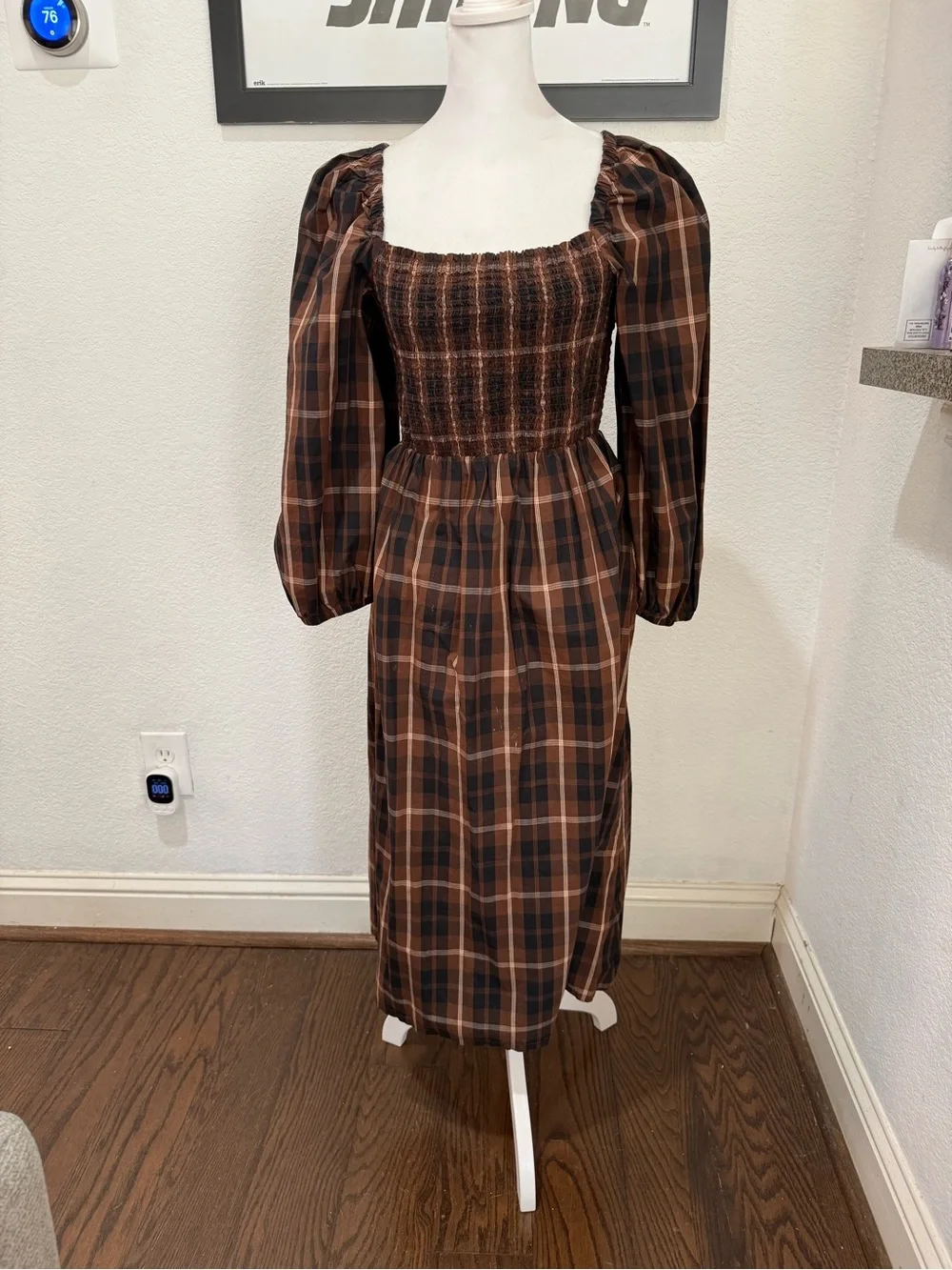 J. Crew Plaid Smocked Midi Dress in Brown